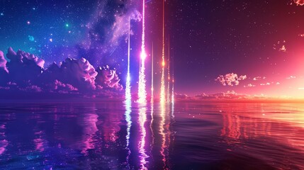 Colorful rockets bursting over the ocean, reflecting in the waves below