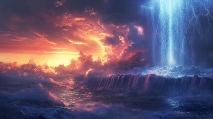 Fototapeta premium Digital illustration of thunder over a breathtaking landscape. Digital art of thunder in a stunning landscape with storm and lightning.