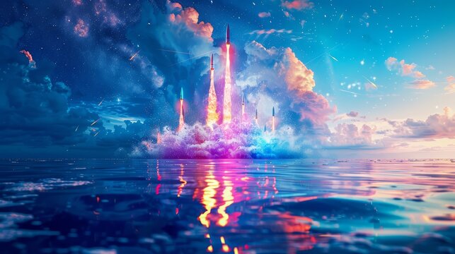 Colorful rockets bursting over the ocean, reflecting in the waves below