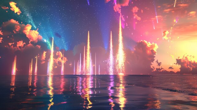 Colorful rockets bursting over the ocean, reflecting in the waves below