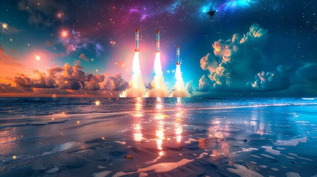 Colorful rockets bursting over the ocean, reflecting in the waves below