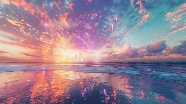 Colorful rockets bursting over the ocean, reflecting in the waves below