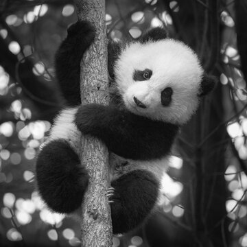 Cute giant panda baby climbing the tree in a panda sanctuary in Chengdu, China