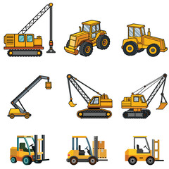 set of Industrial big tools like machine vector design, construction, truck, equipment, excavator, machine, tractor, bulldozer, crane, machinery, vehicle, heavy, isolated, vector, yellow, industry, bu