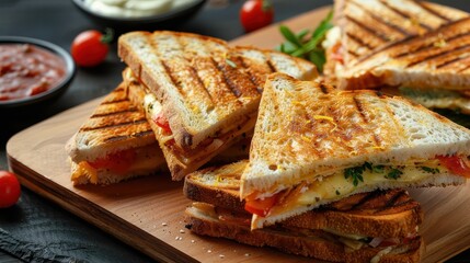 A mouthwatering toasted sandwich featuring a medley of grilled vegetables, served on wooden board with a side of dipping sauce and fresh tomato slices.