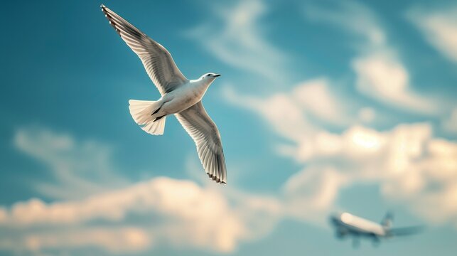 white flying in blue sky with airplane behide