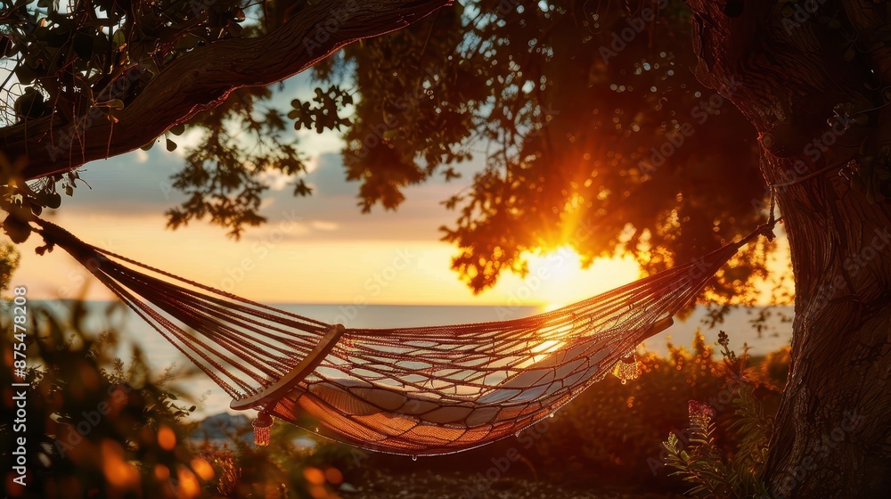 Poster a mesmerizing sight of a hammock strung between tree branches, with the setting sun casting a warm g