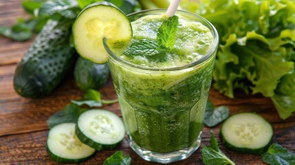 Fototapeta premium A cold green smoothie in a glass with mint and cucumber garnish, surrounded by fresh ingredients like cucumbers and leafy greens, emphasizing its freshness and health benefits.