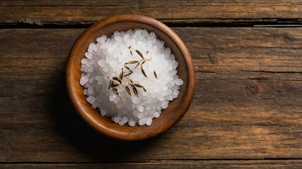 Fototapeta premium top view of salt in a small wooden plate isolated on a background