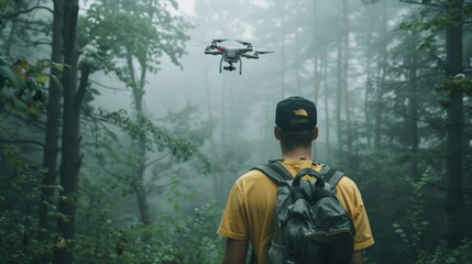 Naklejka premium A man in a yellow shirt and backpack is looking up at a drone flying in the air. Generate AI image