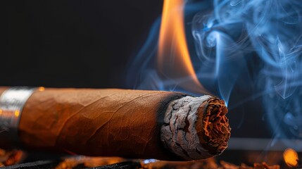 A focussed shot of a smoking cigar with a burned end and swirling smoke creating an elegant and mesmerizing effect, highlighting the enjoyment and craftsmanship of premium cigars.