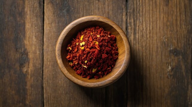 top view of aleppo pepper in a small wooden plate isol background