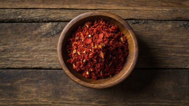 top view of aleppo pepper in a small wooden plate isol background