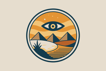 Circle artwork with t-shirt design, mysterious philosophical emblem of eye of horus with white background desert behind it 