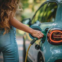 blonde woman with long hair on her back filling up her car's tank, fossil fuels, pollution, energy consumption, climate change, industry