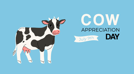 Black spotted white cow standing. Hand drawn cartoon farm animal. Cute illustration for children book isolated on light blue background. Cow appreciation day on july 9th