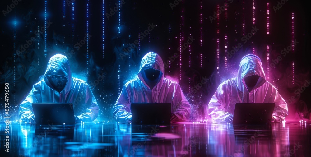 Poster hooded figures working on laptops with abstract digital background in cyber environment