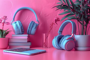 Music application with headphone and music player on pink background.