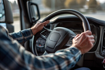 Driver is at work. Man is driving. Only hands, steering wheel and windshield are visible. View from the cockpit.