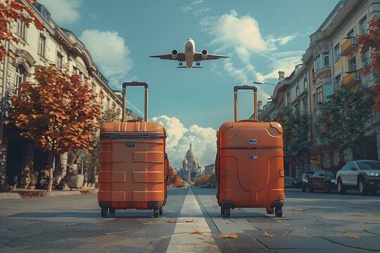 2 valises orange moderne en premier plan avec un ciel bleu et un avion dns le ciel en arri??re plan