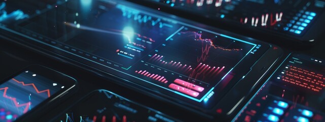 Advanced digital interface with glowing graphs and data analytics display