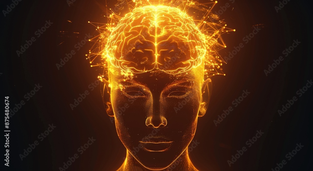 Poster 3d animation of human head with illuminated brain showcasing neural activity and connections