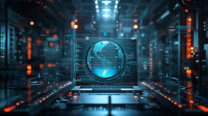 High-tech control room with advanced digital displays and global network monitoring