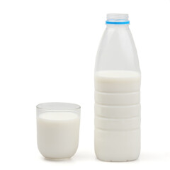 Glass and plastic bottle with milk isolated on white background.
