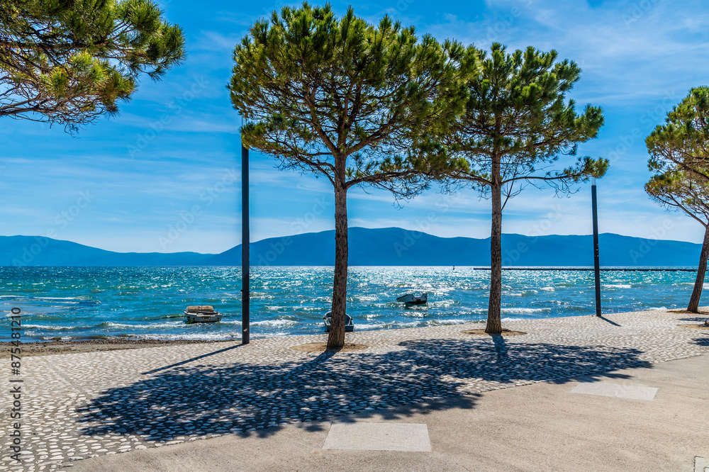 Wall mural a view past trees out to sea from the seafront at vlore in albania in summertime