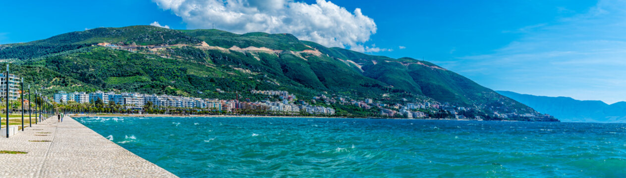 A panorama view along the seafront at Vlore in Albania in summertime