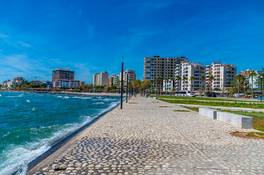 A view along the promenade on the seafront at Vlore in Albania in summertime