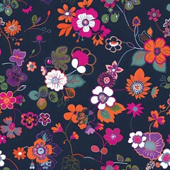 Obraz premium Red and Yellow Floral Seamless Pattern with Green Leaves and Geometric Background