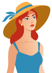 Vector trendy illustration of a beautiful woman in summer hat. The theme of summer holidays, vacation.