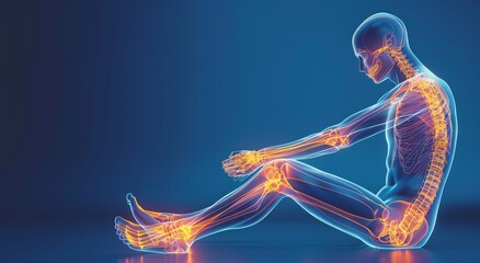 3D rendered illustration of human skeletal system and joints in pain, illuminated on seated figure