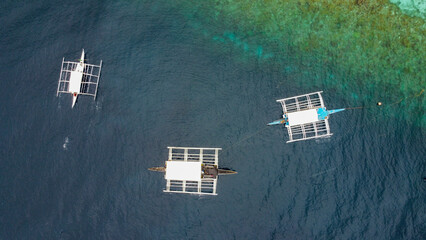 Breathtaking aerial view of Balicasag Island, Philippines showcasing local bankas amidst vibrant coral reefs teeming with marine life.