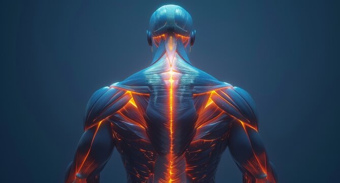 3D rendered illustration of the back muscles of a human body with glowing nerves