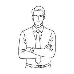single line drawing of a businessman with his arms crossed, focusing on line art vector illustration 
