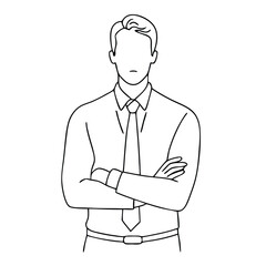 single line drawing of a businessman with his arms crossed, focusing on line art vector illustration 