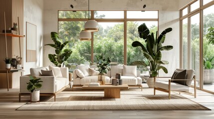 A large living room with a white couch, a coffee table, and a potted plant. Generate AI image
