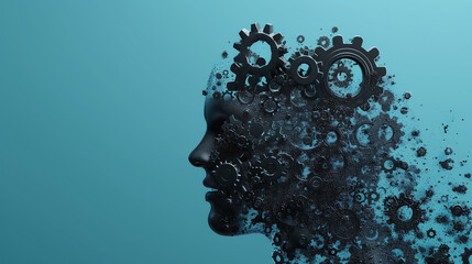 Human head profile with gears and cogs made of black sand particles on a blue background, a digital illustration in the style of artificial intelligence concept design.