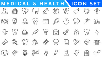 Medical editable stroke outline Icons set. Hospital, patient, medicine, pharmacy, nurse, prescription, ambulance, pills and medical report. Vector illustration