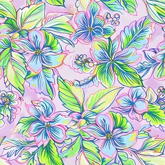 Tropical Flower and Petal Repeat Pattern in Dark Blue and Pink
