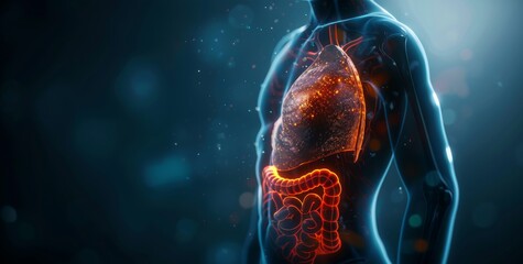 3D rendering of a human liver with glowing effects showing internal organs and digestive system