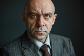 portrait of a bald, serious man in an office suit looking at the camera, dark background. Copy space