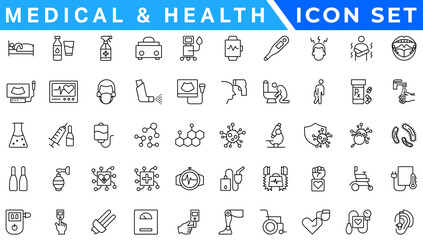 Medical editable stroke outline Icons set. Hospital, patient, medicine, pharmacy, nurse, prescription, ambulance, pills and medical report. Vector illustration