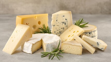 Different kinds of cheese like parmesan, brie, roquefort, and cheddar are displayed in a copy space image, cinematic photography, focus cover all object, deep dept of field