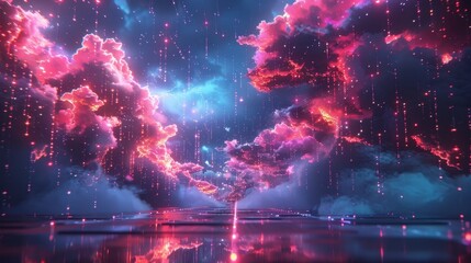 Obraz premium Abstract Cloud Storage Concept With Digital Rain And Glowing Clouds. Generative AI