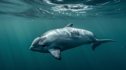 Fototapeta premium Yangtze finless porpoise swimming in a river, endangered species
