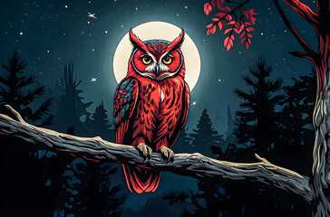 An owl perched on a tree at night vector painting art illustration images.  