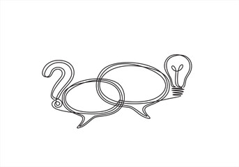 Quick tips. Continuous one line drawing of question mark, light bulb and speech bubbles. Trendy line art vector on a white background. Vector illustration. Hand drawn one line vector.	

